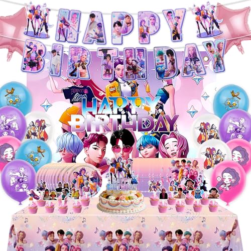 60 PCS Geburtstag Deko Set Mädchen Rosa Partyzubehör mit Hintergrundtuch Sternfolienballons Latex Luftballons Geburtstagsbanner Teller Servietten Tischdecke Kuchendeckel