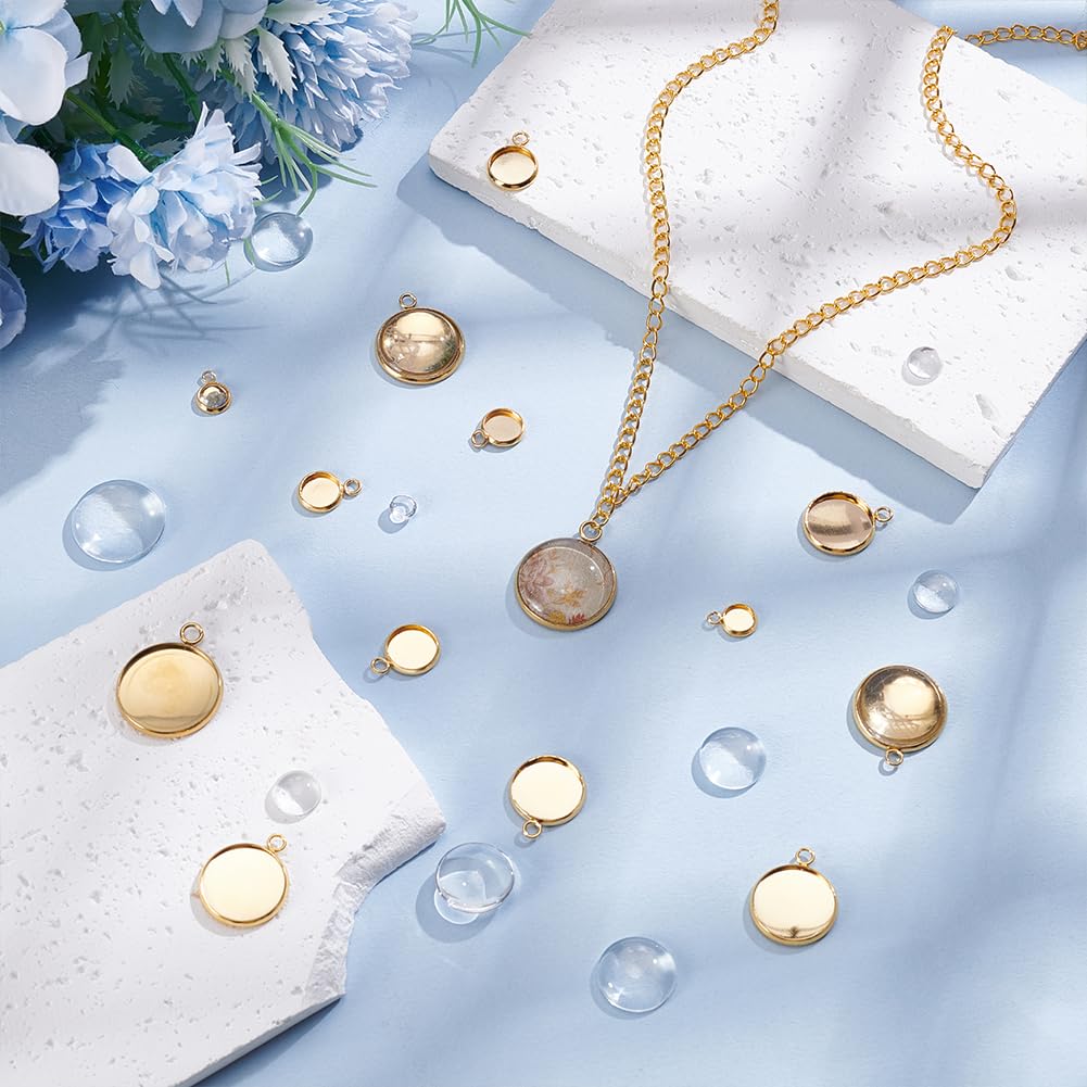 UNICRAFTALE 14pcs 7 Styles Pendentif Cabochon en Acier Inoxydable Doré avec 14pcs Cabochons en Verre Transparent Environ 11-26.5mm Long Lunette Pendentif Blanks Plats Ronds Pendentifs Plateaux