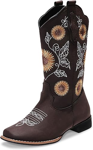 Botas vaqueras bordadas con girasol para mujer, botas vaqueras con punta cuadrada, botas altas de vaquera para todas las estaciones y ocasiones
