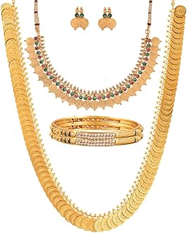 ZENEME Gold Plated and Bangles & Maharani Temple Coin Necklace Set for Women & Girls