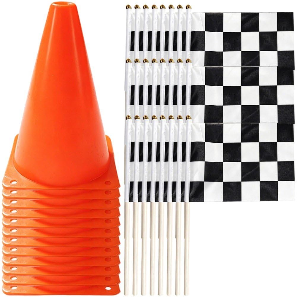 Fituenly Traffic Cones and Racing Flags Set, Orange Sport Safety Cones with Hand Waving Flags for Race Car Birthday Party Decorations Training Gear