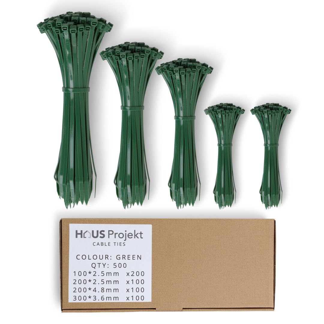 Cable Ties 500 Pack Green, Assorted Size Zipties for Christmas Decorations, 100/200mm x2.5, 200x4.8, 300x3.6, Cable Management Tidy, Heavy Duty Plastic Zip Tie Wraps, Garden Cable Ties