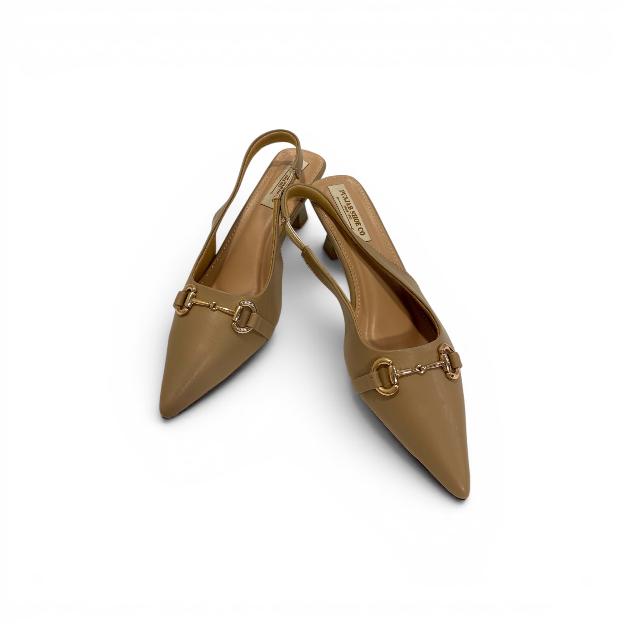 Punjab Shoe Co. Monroe Heels Slingback Pointed Toe Mid Heel, Brown, Black and Beige, Synthetic Leather, with Gold Horsebit Buckle-image-32