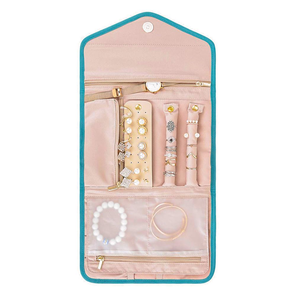 Rollos de Joyas para Viajes Organizador de Joyas de Viaje Plegable Estuche de Almacenamiento Bolsa para Anillos Pendientes Collares Pulseras (Verde)