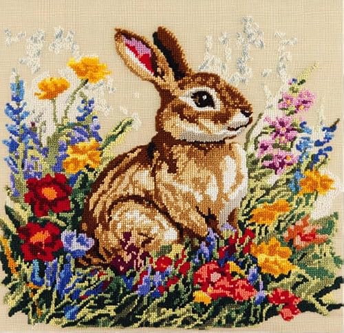 FanZheZhe 11CT Stamped Embroidery Pillowcases,Rabbit in the Flower Bushes Cross Stitch Cushion Cover,Embroidery Kit,Needlepoint Kits for Adults Beginners,45x45cm