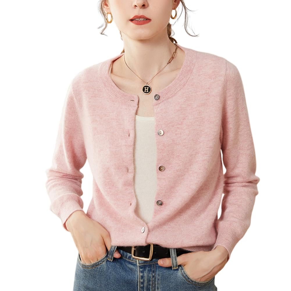 Valin Damen Kaschmir&Wolle Strickjacke Rundhals Langarm Cardigan Einfarbige Relaxed Dünner Kaschmir Strickjacke,VSP1201