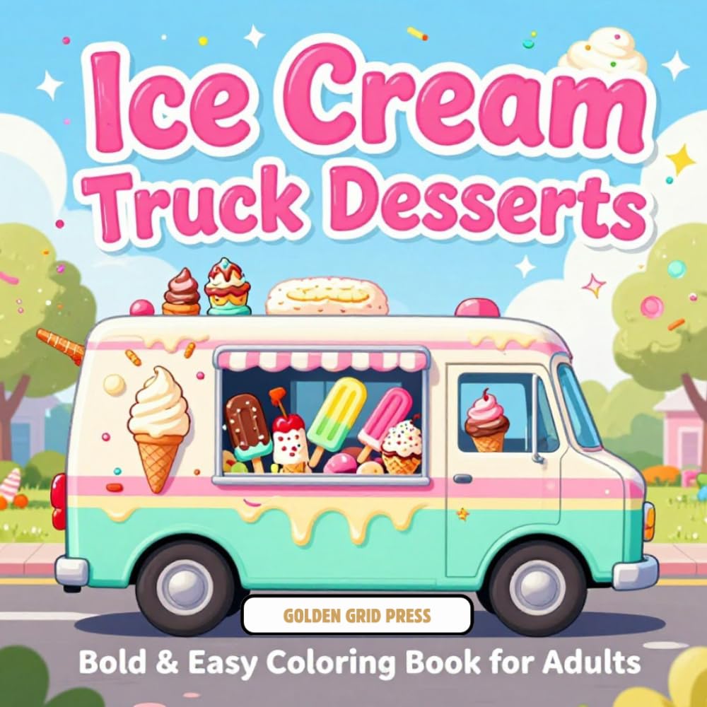 Ice Cream Truck Desserts Bold & Easy Coloring Book for Adults: 40 Simple and Large Print Ice Cream Treat Designs for Stress Relief, Relaxation, ... and Dessert Lovers (Snacks & Treats Coloring)