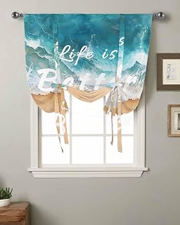 Tie Up Curtains for Windows, Summer Beach Blue Kitchen Curtain Adjustable Balloon Window Shades, Life is Better at The Beach Valance Curtains for Living Room/Bedroom/Cafe 46"x63"