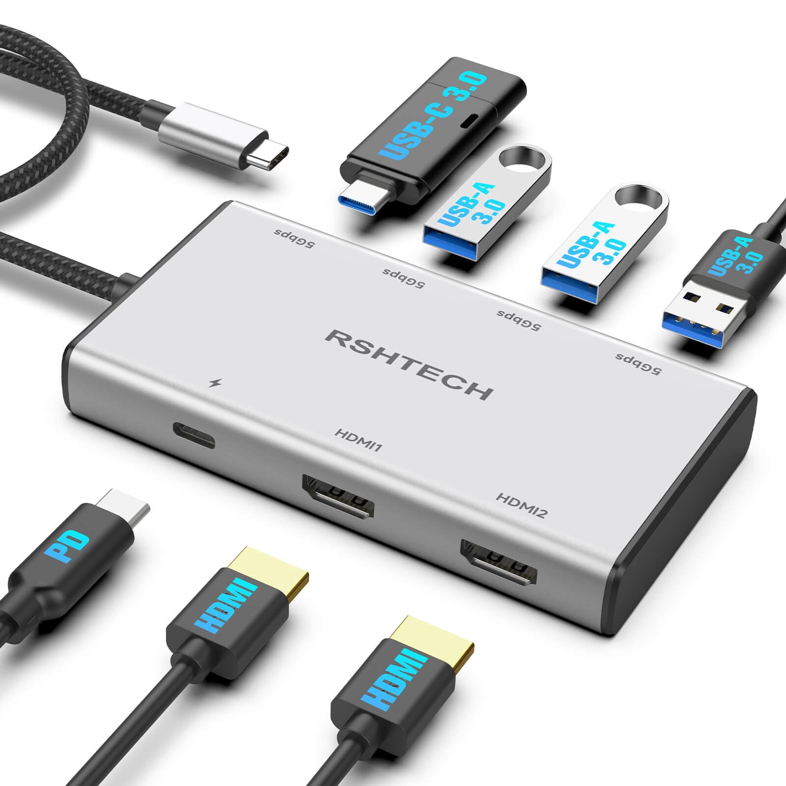 RSHTECH Adattatore multiporta USB C Hub 7 in 1 con 2x4K a 60Hz HDMI, porte dati USB-3.0 (3A+1C), 100W PD, docking station USB-C in alluminio doppio monitor per laptop e MacBook