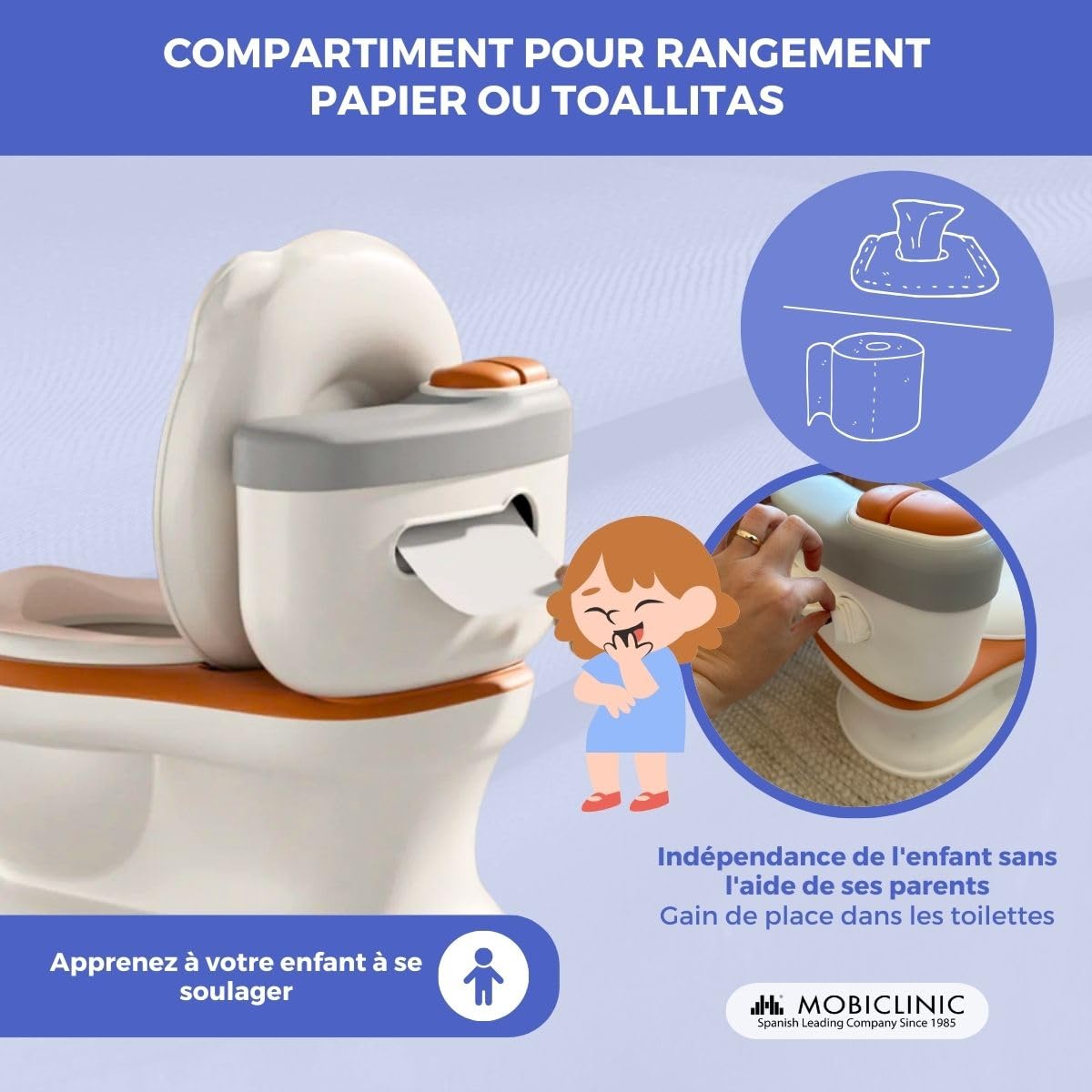 Mobiclinic® kids, Pot Bebe Toilette Musical, Toikid, 1-3 ans, Son de décharge, Avec couvercle, Compartiment papier, Fonctionne piles, Cuvette amovible, Siège imperméable (orange)