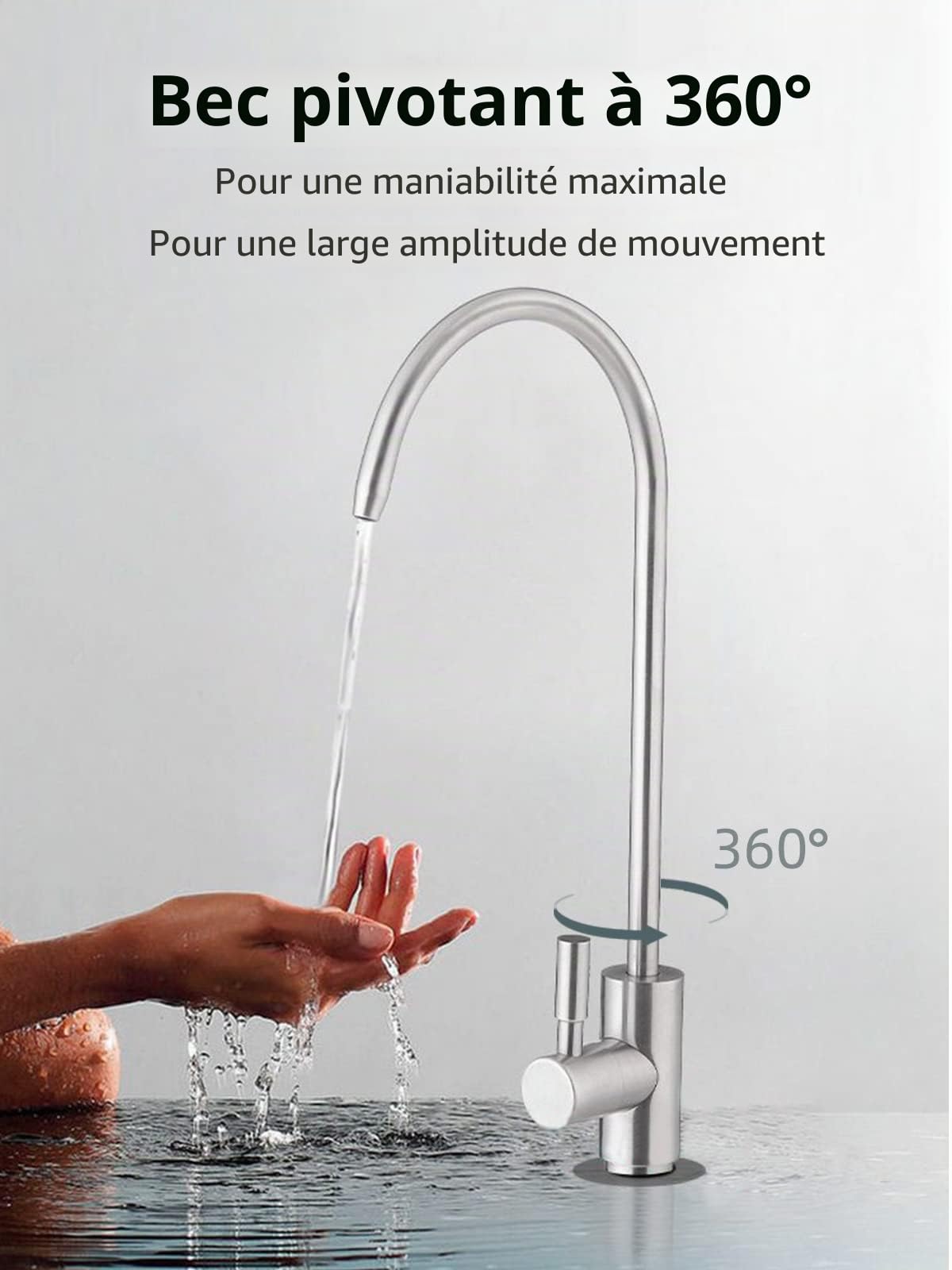 Robinet d'eau potable, facile à installer, robinet de filtre à eau pour évier, robinet à osmose inverse sans plomb pour évier de cuisine, bar, acier inoxydable SUS304 nickel brossé (taille L)