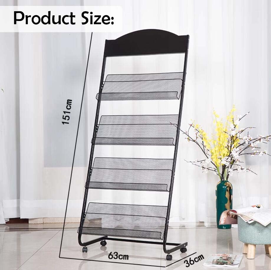 4-poziomowy stojak na czasopisma z metalowym drutem z kółkami, 65 x 35 x 150 cm, stojak na broszurę o wysokiej trwałości, stojak na wystawy, wielowarstwowy organizer, 64 x 35 x 150 cm