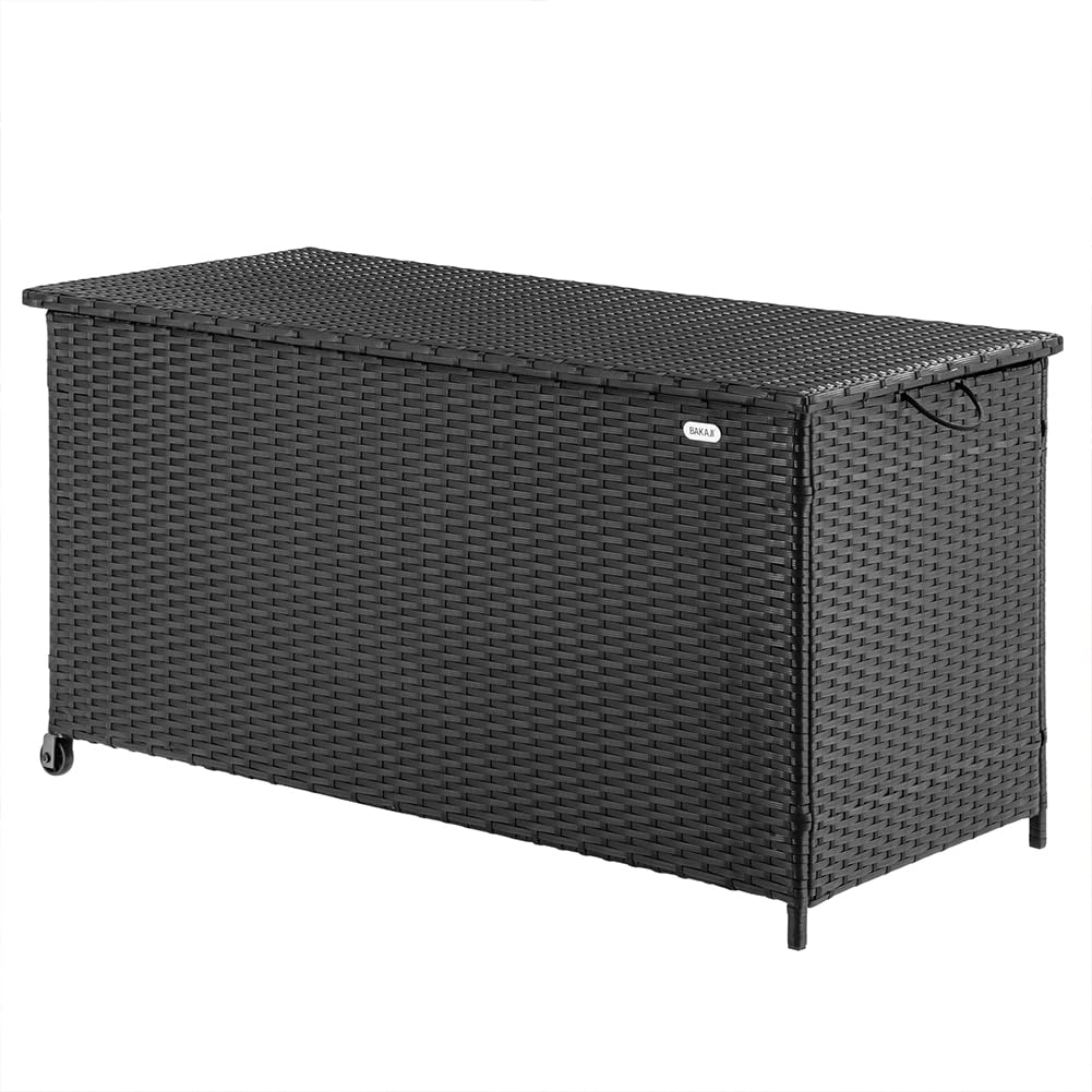BAKAJI Baule Portaoggetti da Giardino in Polyrattan 420 Litri, Box da Esterno Impermeabile Resistente ai Raggi Uv, Cassapanca XXL con Ruote per Trasporto e Maniglia, 121 x 55 x 60 cm (Nero)