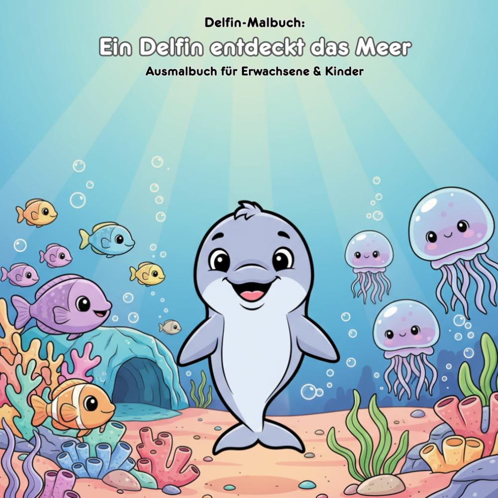 Ein Delfin entdeckt das Meer: Geschichte & Malbuch: Für Erwachsene & Kinder – 36 Ausmalbilder – 21.59 x 21.59 cm – Große Motive für kleine Künstler