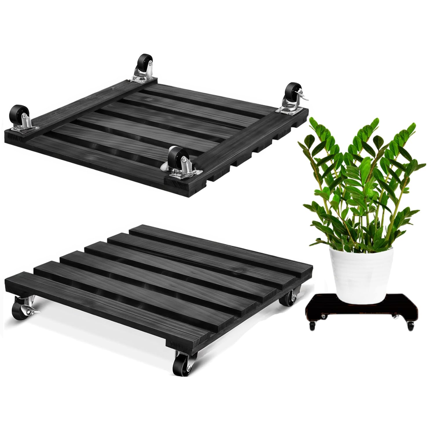 Cnwinu 2 Pack Wooden Plant Stand with Metal Lockable Caster Wheels,30cm Heavy Duty Plant Trolley,360°Rolling Plant Caddy with Wheels for Indoor Outdoor Home Garden(2 Pieces Black Square)