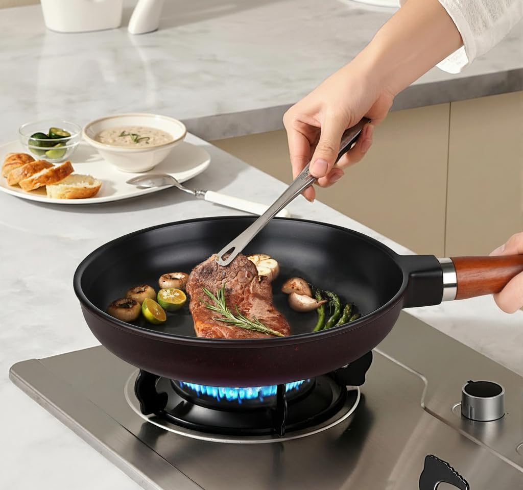 Pure Ceramic Frying Pan, 10-Inch Nonstick frying Pan, No Coatings & No Metal Leaching, PFAS/PTFE-Free, Induction Compatible,Wood Handle (Black)