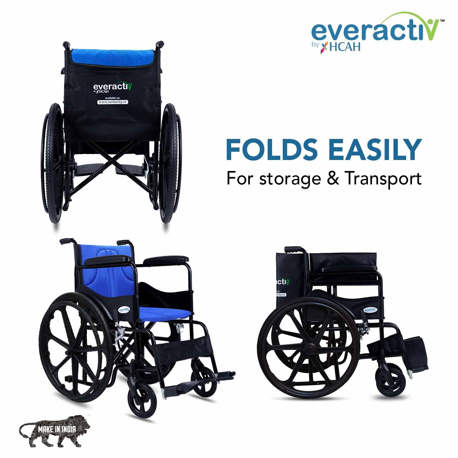 Everactiv Everyday Economy Foldable Wheelchair with Safety Seat belt & Extra Soft Cushions, Weight Bearing Capacity 120 kg, Sturdy Frame and Easy Foldable Mechanism | Blue Color - Image 6 thumbnail
