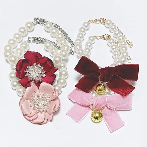 Miniatura 4 de Collar de perlas para perros y gatos pequeños con flores de cristal y corbatín de terciopelo, 2 piezas, ajustable y hecho a mano, Terciopelo
