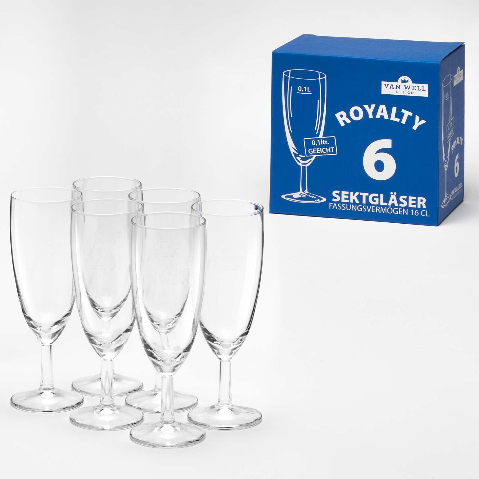 Van Well Royalty Sektglas 60er Set, 0.1L geeicht, Ø 50 mm, H 160 mm, Sektflöte, Kelchglas, Champagner- und Prosecco-Glas, Partyglas, Gastronomie, Spülmaschinenfest