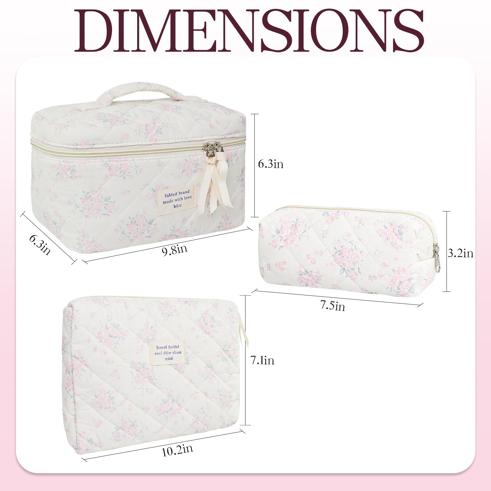 YRWE 3Pcs Quilted Makeup Bag Set, Cute Floral Cotton Cosmetic Bag, Coquette Bow Make up Bag Large Travel Toiletry Bag - Image 4