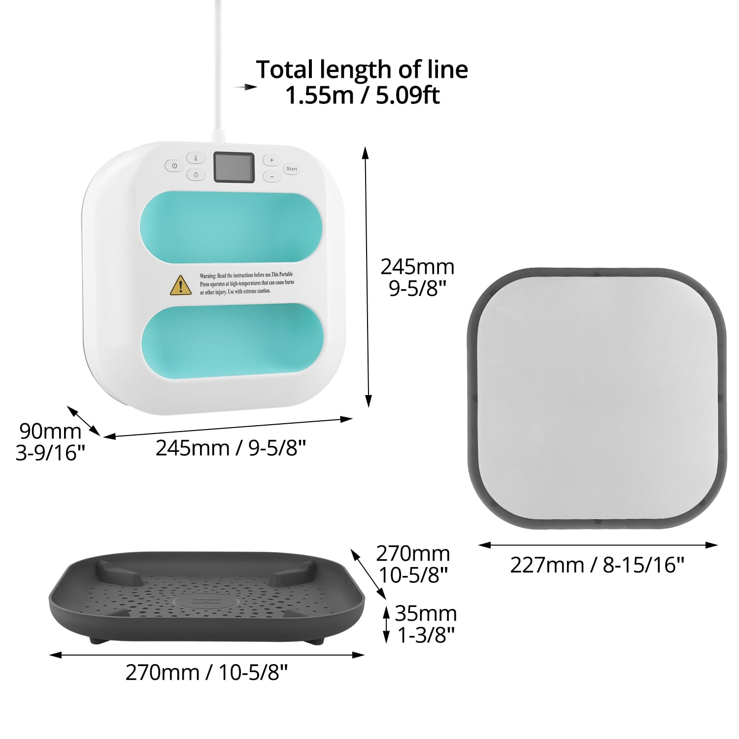 QWORK® Pressa a caldo portatile, Piastra riscaldante da 22,5cm x 22,5cm per magliette, borse, cuscini - Riscalda fino a 205 °C in 1 minuto - Spegnimento automatico