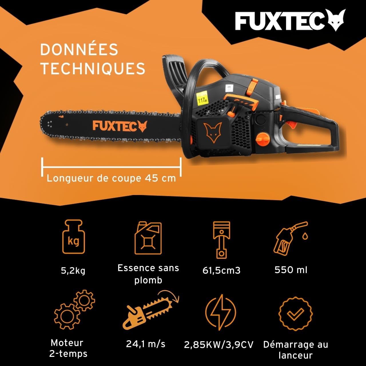 Fuxtec tronçonneuse thermique 50 cm FX-KS262 Black Edition essence 61,5cm3 2 temps 2,8kW Longueur De Coupe 45cm, Guide Chaine 20 pouces Étui de transport Tronc, Menuiserie