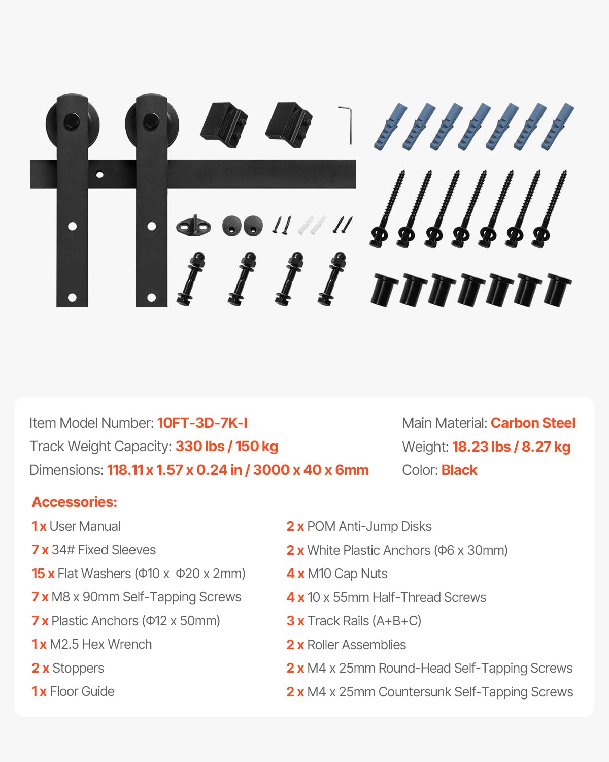 VEVOR Kit Ferramenta per Porta Scorrevole da Fienile 3048 mm, Capacità 150 kg, Compatibile con Larghezza max. 1524 mm e Spessore da 34,9 a 44,45 mm, Binario Resistente Rullo a Forma L, Nero