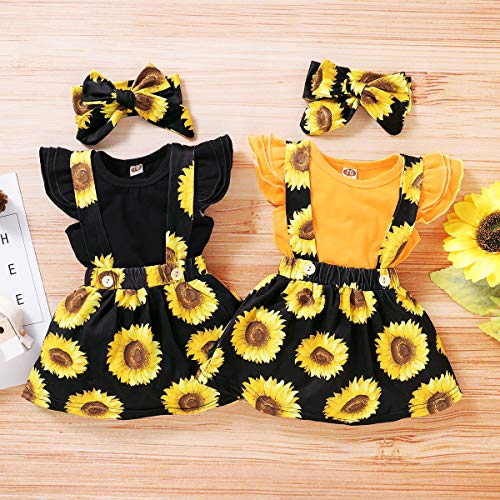 Younger Tree Infant Toddler Baby Girl Summer Outfit Sunflower Strap Sets Sleeveless Romper And Suspender Skirt 3Pcs Summer Clothing Sets (Black, 18-24 Months) #TOP6