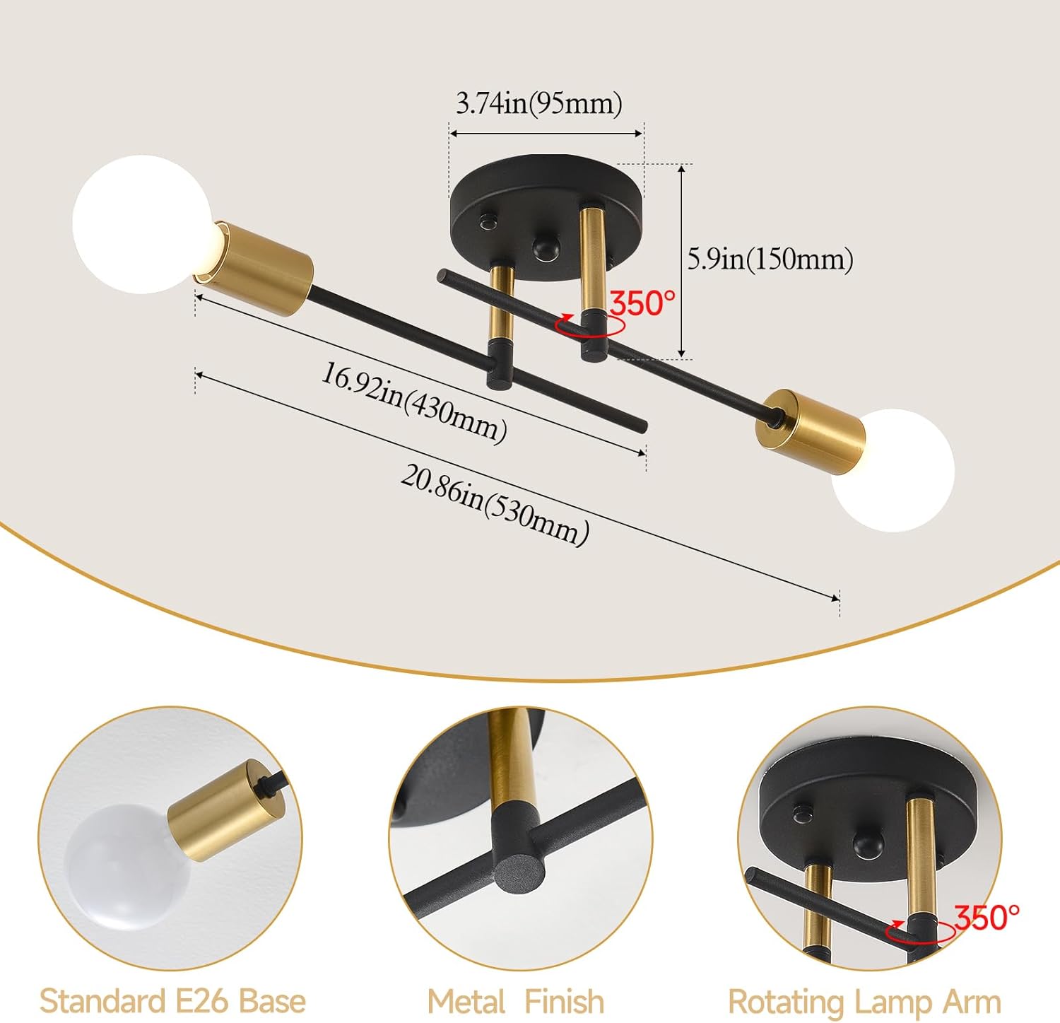 NILSE Modern Sputnik Chandelier, Adjustable Arm 2-Light Wall Lights, Industrial Semi Flush Mount Ceiling Lights Fixture, Ceiling Lighting Fixtures for Dining Bedroom Living Room Foyer Kitchen