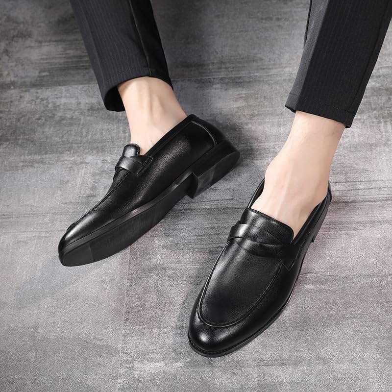 Formal Shoes Dress Oxford for Men Anti-Slip Non Slip Rubber Sole Block Heel Casual Plain Toe Slip On Top-Grain Leather Tuxedo(Black,6.5)2