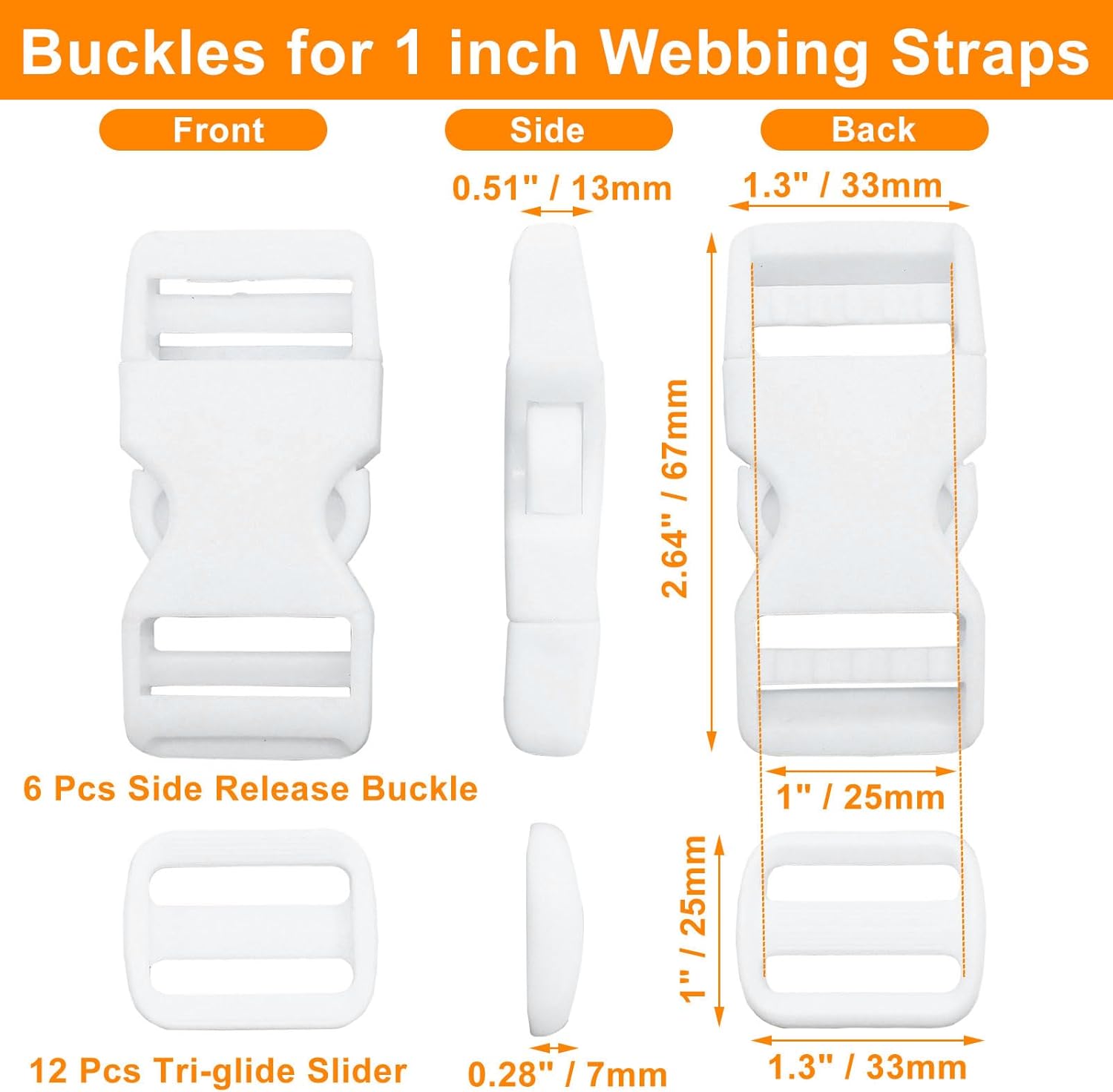 Buckles for 1 Inch Straps, 6 Pcs Quick Side Release Buckles and 12 Pcs Tri-Glide Sliders, Heavy Duty Dual Adjustable Snap Clips for Nylon Webbing Pet Collar Backpack Replacement (White) - Image 3