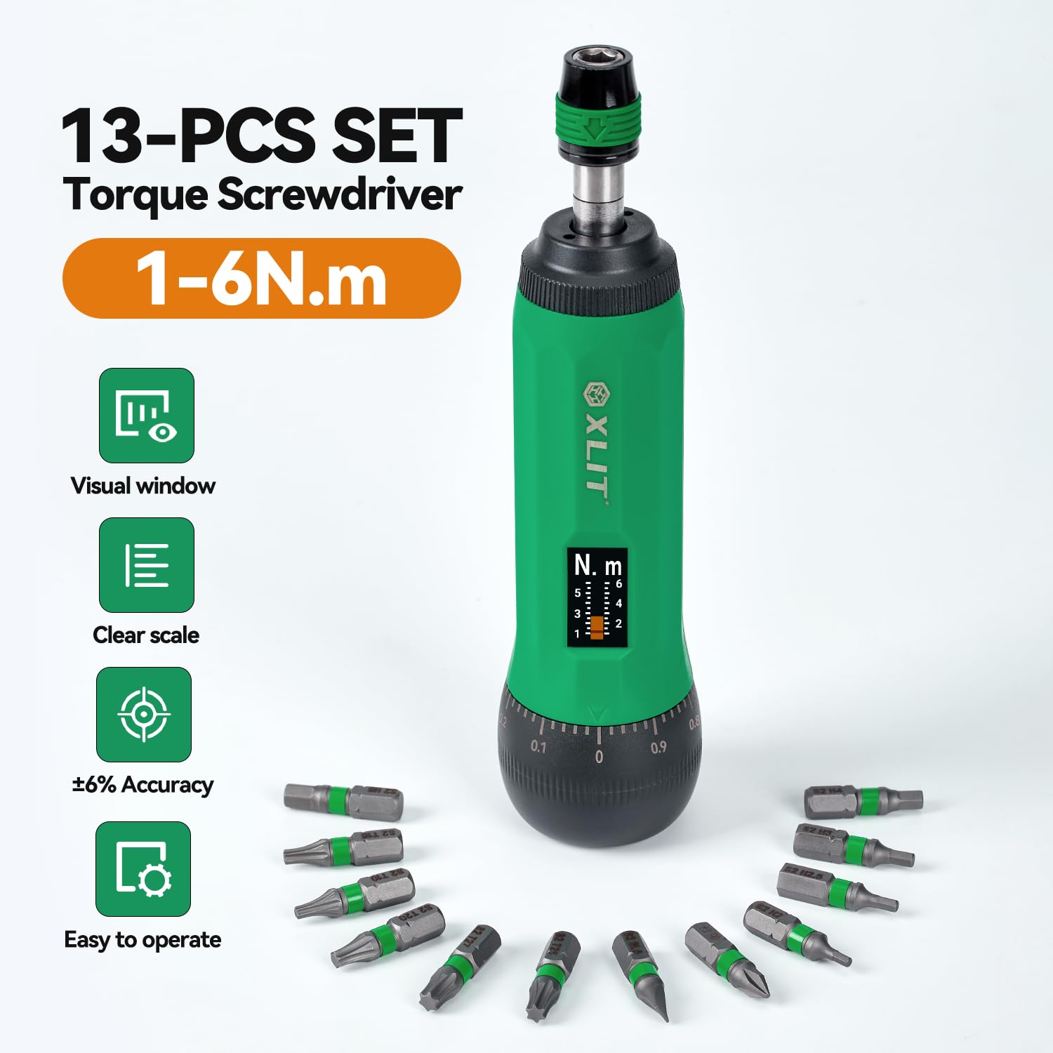 Lot de 13 tournevis dynamométriques - 1-6 Nm, porte-embout à serrage rapide hexagonal 1/4", échelle visuelle, embouts en acier S2 – Outil de précision pour vélo, électronique et mécanique de