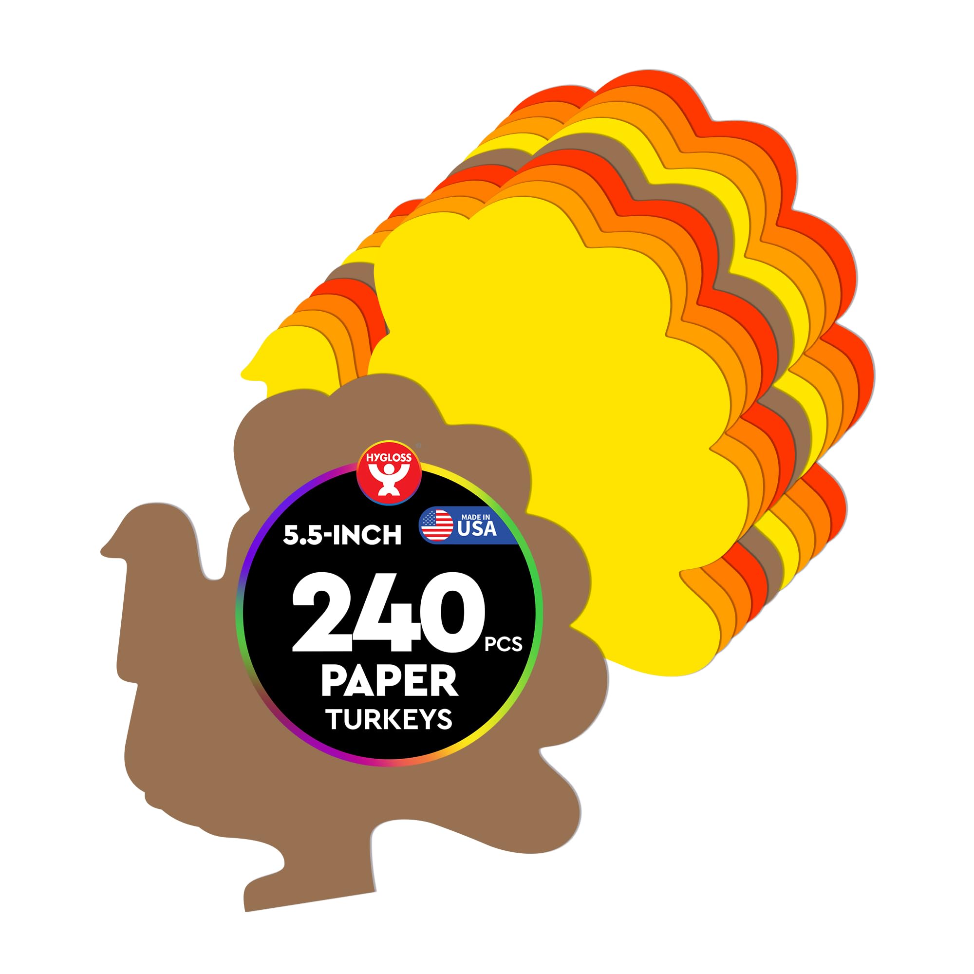 Hygloss Turkey Shape Paper Cut-Outs for Arts &amp; Crafts-Many Creative Uses-Thanksgiving Activities Fall 5.5 Inches-240 Pcs, Assorted Colors