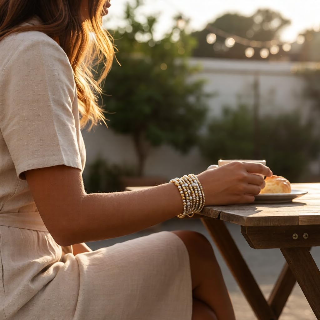 Gold Bracelets for Women Stackable 14K Gold Silver Plated Beaded Bracelets Stack Elastic Stretch Non Tarnish Bead Ball Stack Stretch Adjustable Dainty Jewelry Trendy Prom Gifts for Women - Image 4