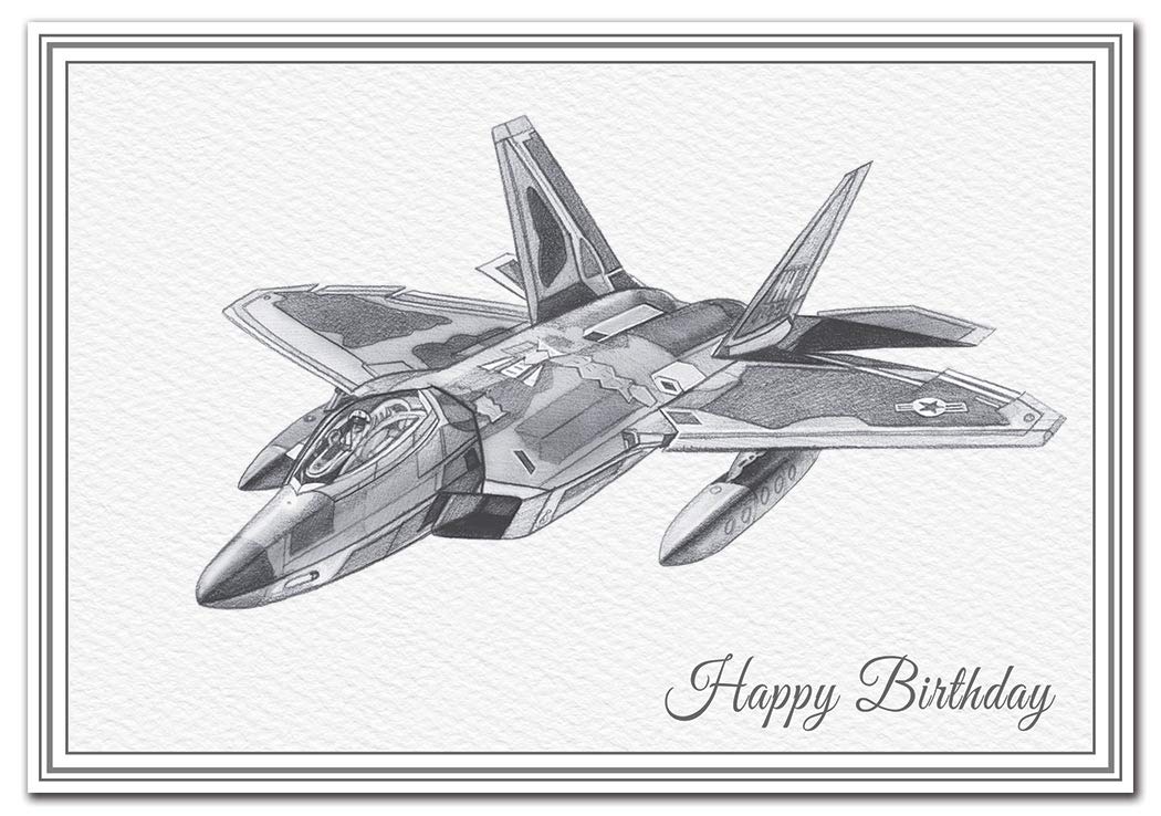 Unusual Birthday Cards - Unique Airplane Handmade Drawings Special WW2 Military (F-22 Raptor Aircraft Card)
