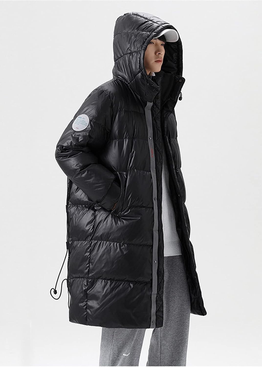 Men's Duck Down Coat Glossy Parka Hooded Mid-Length Padded Jacket Windbreaker Winter Casual Windproof Warm Outwear