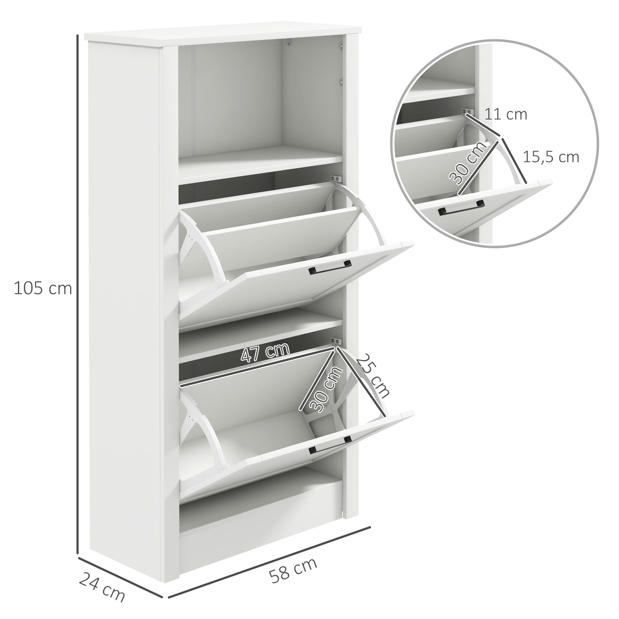 HOMCOM Zapatero Estrecho con 2 Puertas para 10 Pares 58x24x105 cm Blanco | Zapatero Entrada Recibidor, Estantes Ajustables, Compartimento Abierto