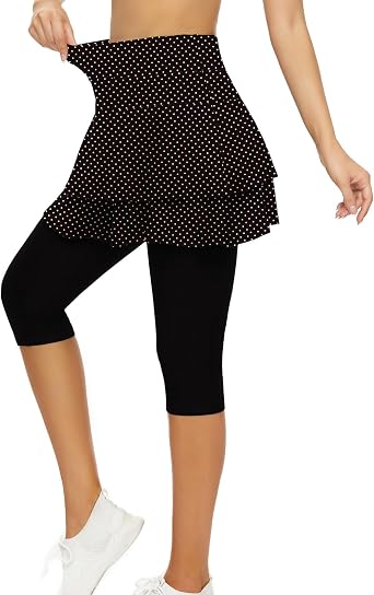 WOWENY Tennis Skirted Leggings for Women Golf Skapri Leggings with Skirt | with Pockets, 2-layer Ruffle, Skirted Capri Leggings, Athletic, Pickleball