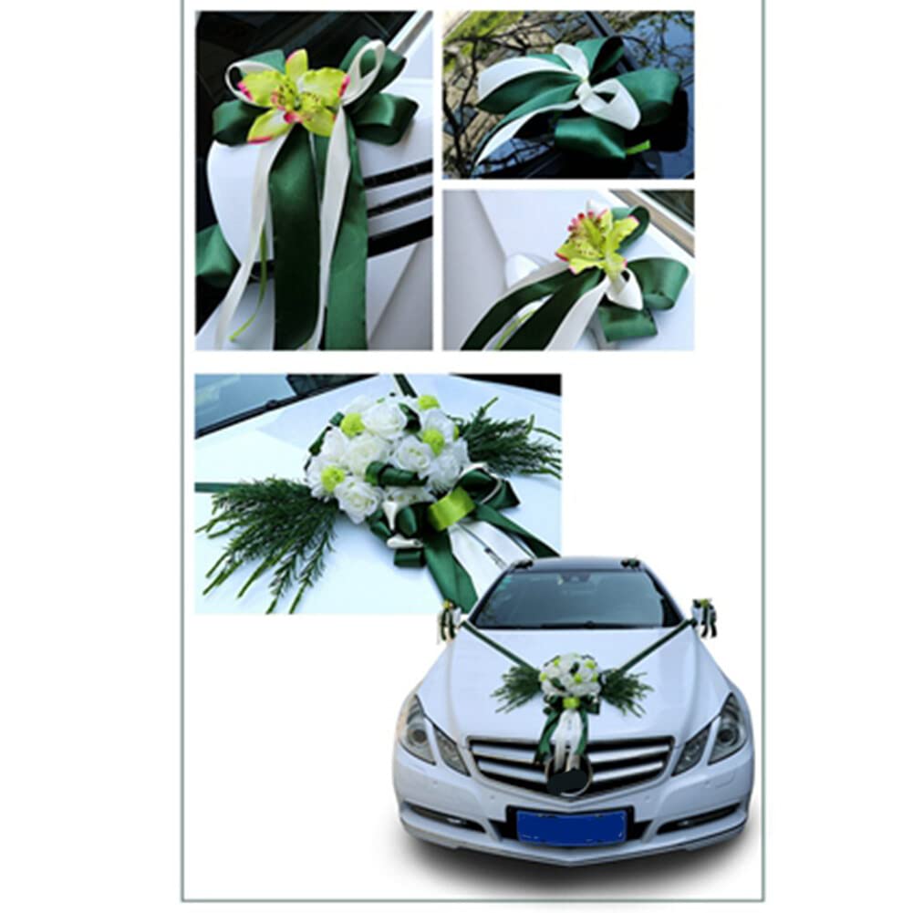 Surakey Décoration Voiture Mariage Fleurs Artificielles Vert Nœud Papillon Ruban Satin Décoration de Voiture de Mariage Romantique Roses Décoration de Voiture pour Mariée Fête de Mariage