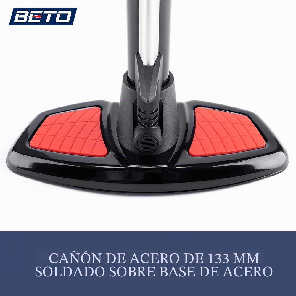 Beto Bomba de bicicleta portátil – Bomba de suelo para bicicleta con indicador industrial montado en la parte superior y botón de purga de aire – Válvula Presta Schrader Dunlop universal, tubo de