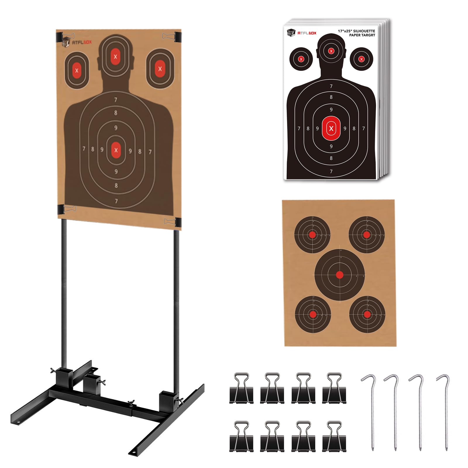 Atflbox Supporto per bersagli da tiro con 10 bersagli di carta da 43,2 x 63,1 cm, resistente, con base regolabile stabile, per sagome in cartone, forma H, IPSC, pratica IDPA