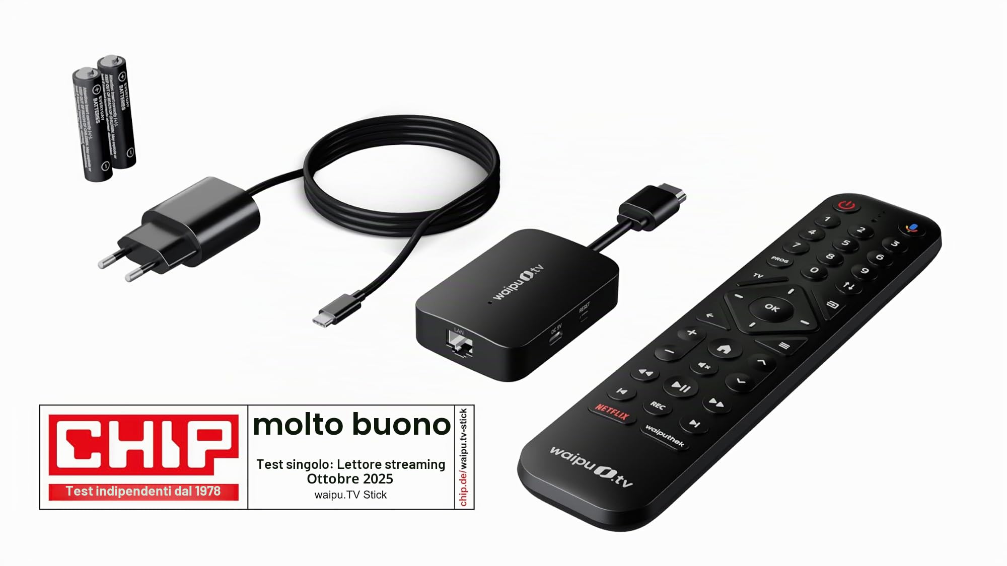 waipu.tv Stick (2a generazione) | Telecomando con tasti di scelta rapida e retroilluminazione | Televisione via Wi-Fi | LAN | HDMI | 4K | HDR10+ | Dolby Atmos | Voucher per 3 mesi Perfect Plus