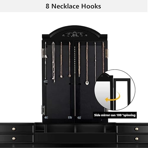 Miniatura 10 de Byroce - Juego de mesa de tocador con grandes espejos plegables, tocador de maquillaje con 7 cajones, 6 organizadores de escritorio y 8 ganchos para