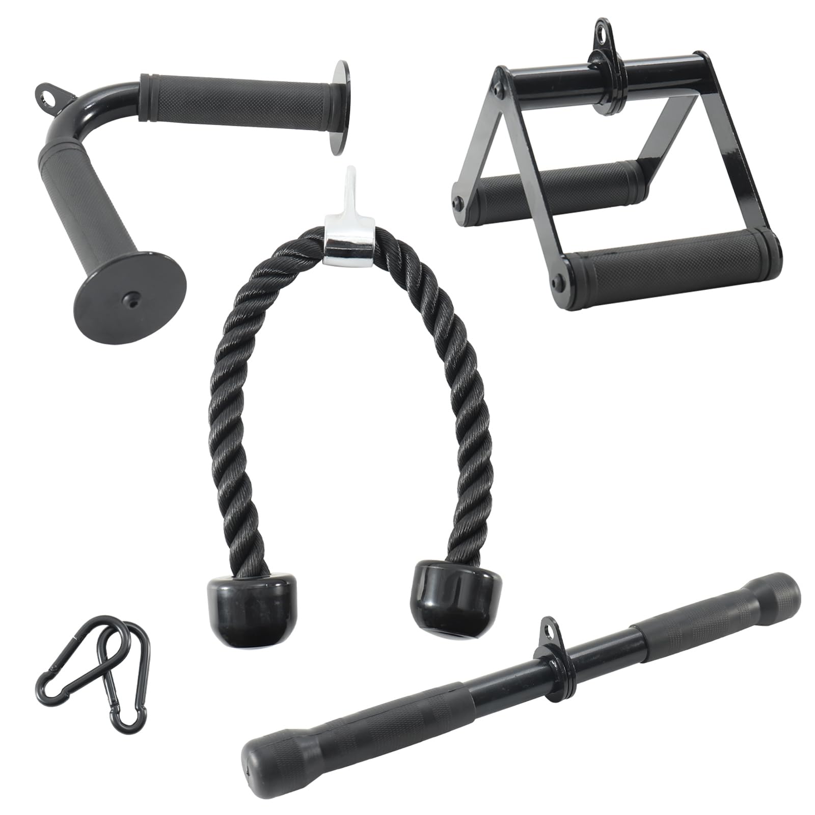 Set di accessori per macchina da Palestra, 4 pezzi in Acciaio, Cavo per Tricipiti, Impugnatura a V, Impugnatura a Sella, Barra Dritta + 2 Ganchi per Allenamento a casa