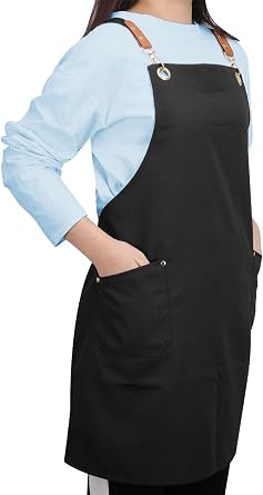 Black Cross Back Aprons for Women Men, Adjustable Long Straps Large Pockets Canvas Waterproof Apron for Chef Kitchen Cooking Server