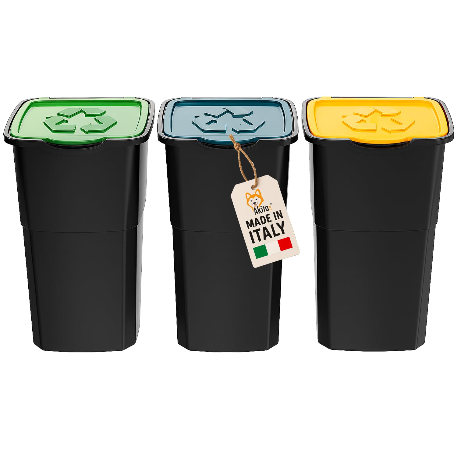 AKITAInk AKIECO3 Pattumiera Raccolta Differenziata 3x50L con Coperchi Colorati – Bidoni Spazzatura in Plastica Resistente per Interni ed Esterni – Casa, Ufficio, Giardino – Made in Italy