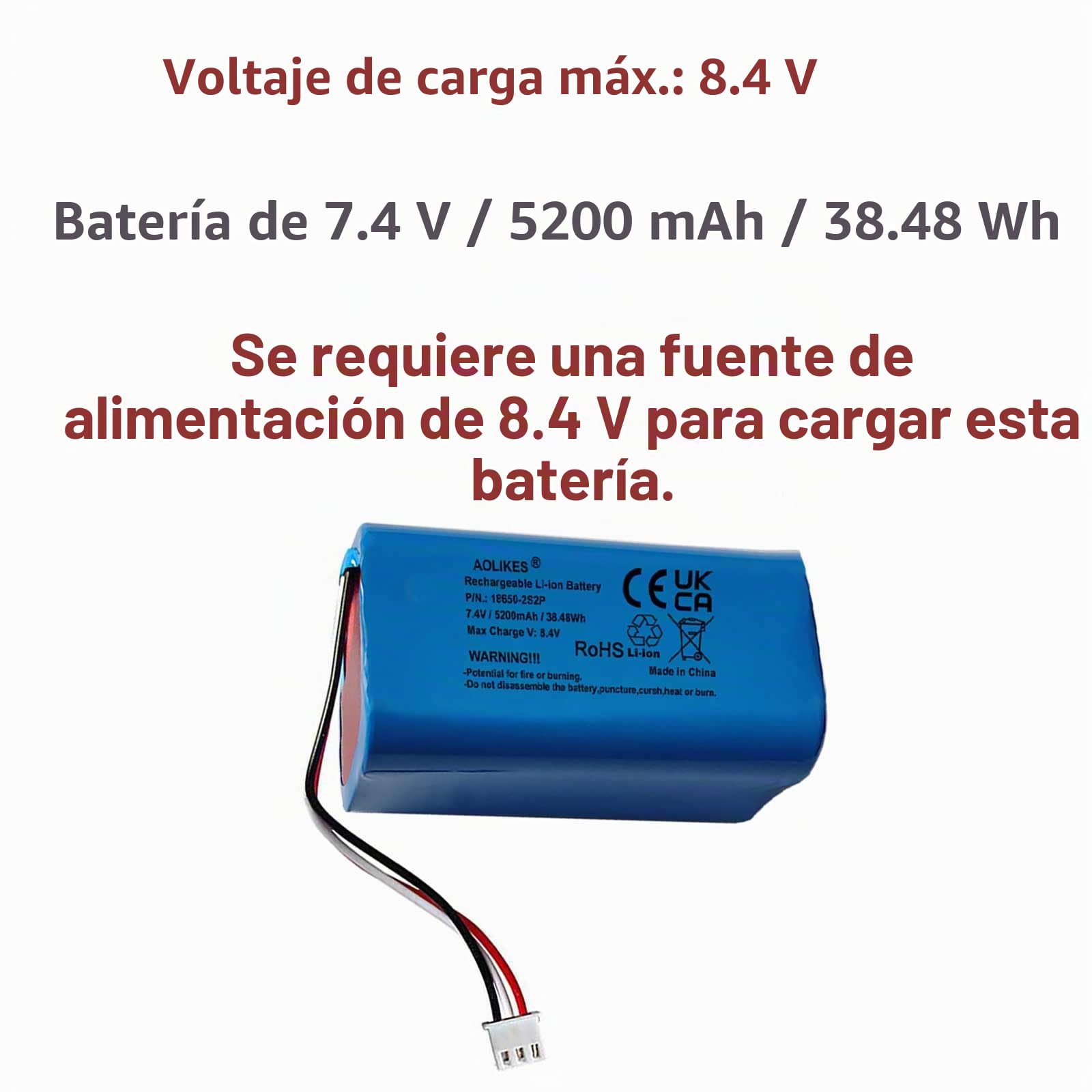 AOLIKES 18650 2s2p 5200mAh 7.4V batería recargable de iones de litio con conector XH2.54/3P conector macho / celdas 5C / admite carga rápida