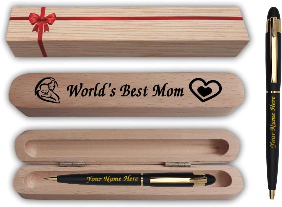 KlowAgeSaint Matte Black Gold Trim Ball Pen with Engraved Your Name on Pen and Wooden World's Best Mom Gift Box & Gift Bag| Mother,Maa | customised Pen | Personalized Pen