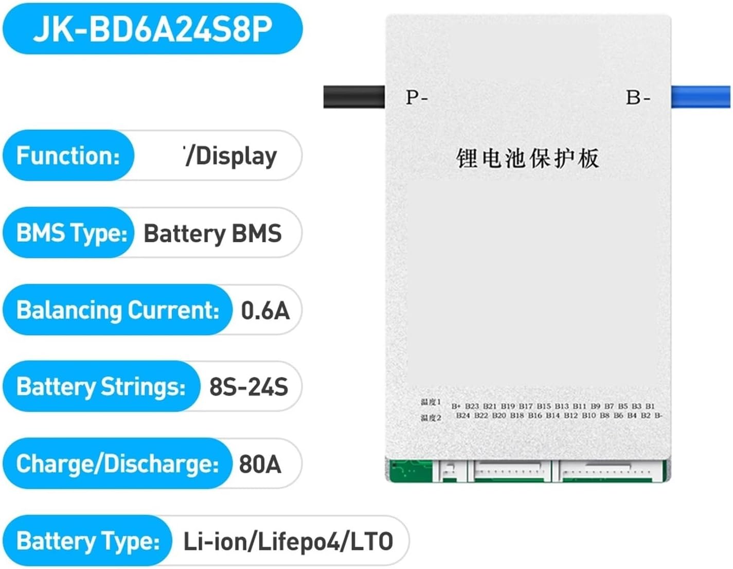 Battery Equalizer Lithium Battery Bailout Board LTO BMS JK-BD6A24S8P 8S-24S 80A 24V 48V 72V BMS Balance 24S 8S Current 0.6A