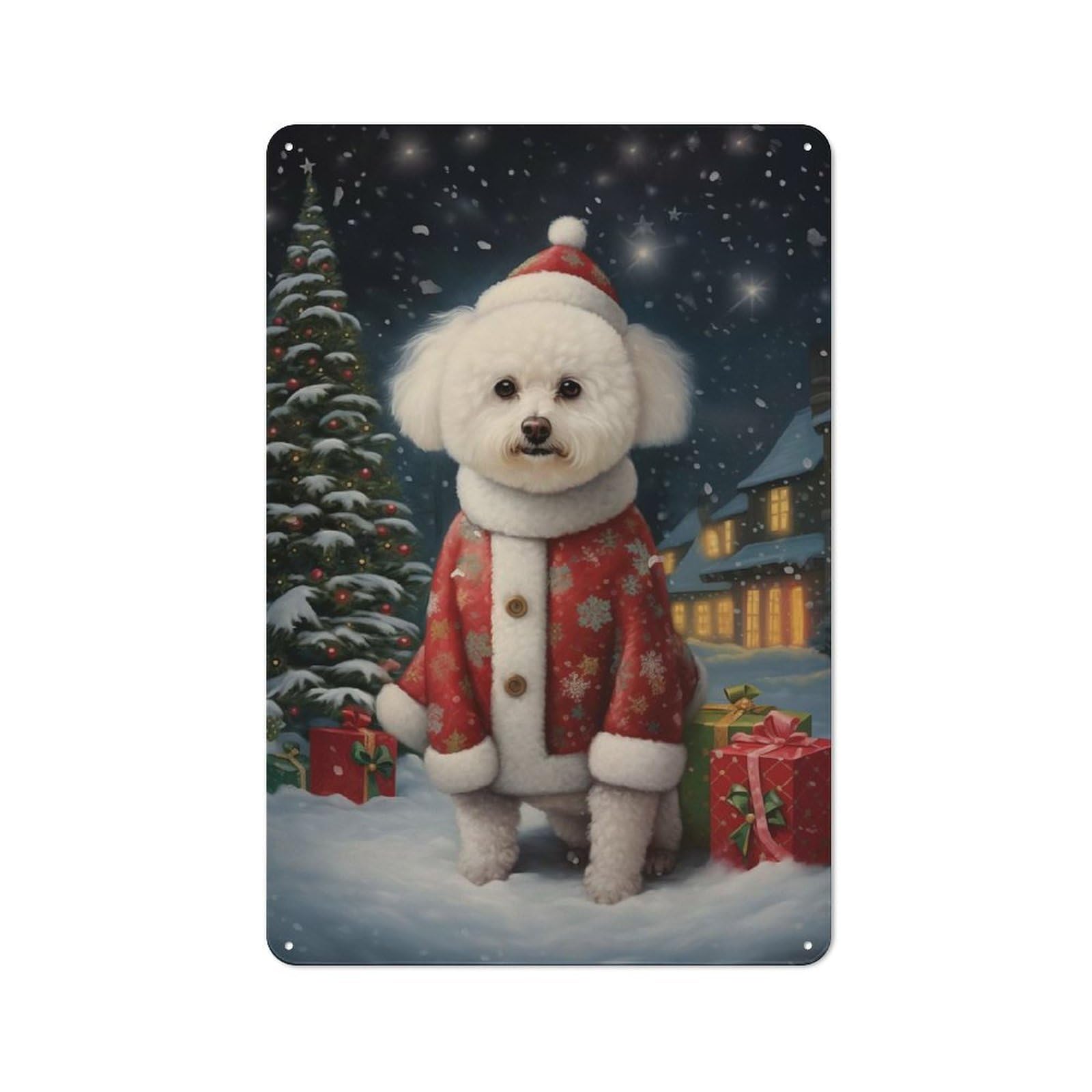 Junmoney Bichon Frise Christmas Dog Retro Metal Wall Sign 30X20cm With For Living Room Wall, Housewarming Wall Decor For People Furnishing Living Room